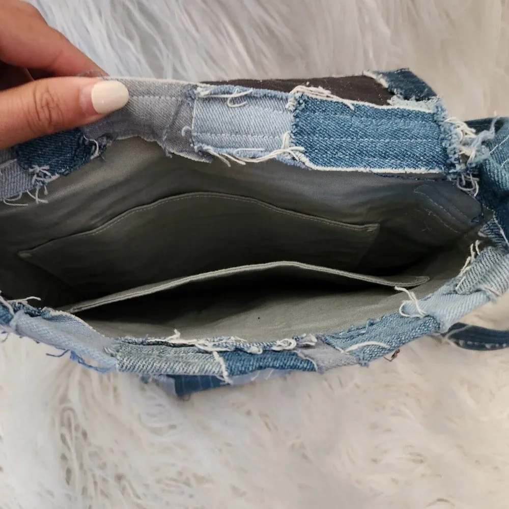 Denim Canvas Patchwork Crossbody Shoulder Bag Y2K Upcycle Bucket Boho Hippie‎ - Picture 4 of 14
